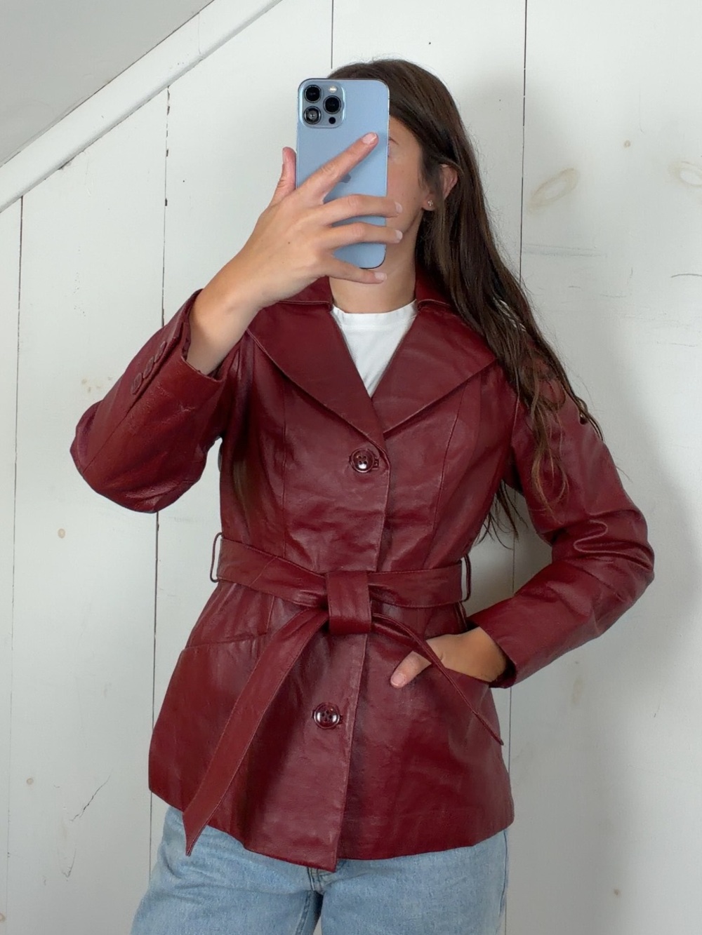 Vintage Red Genuine Leather Jacket Women’s Small Petite Button Front Belted Y2K